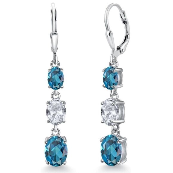 925 Sterling Silver with 6.20 Cttw 3 Stone London Blue and White Topaz Earrings